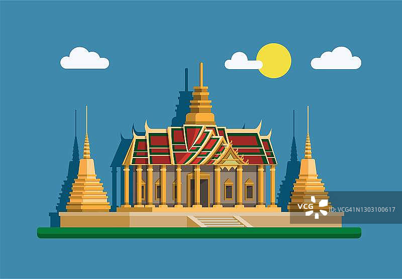 大皇宫金塔。泰国曼谷地标建筑概念平面卡通插图矢量图片素材