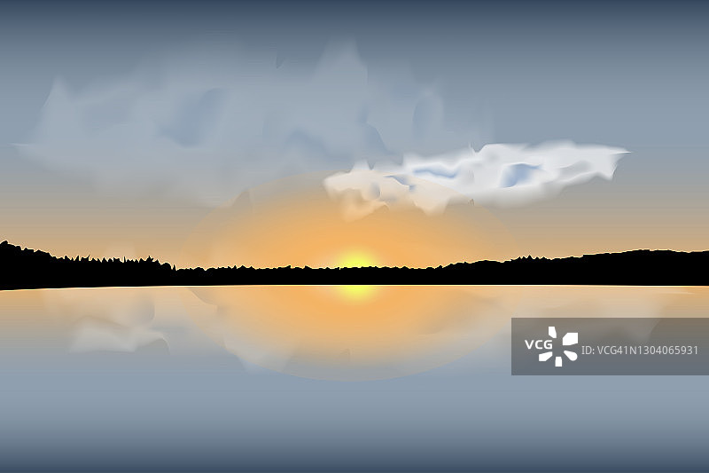 水面上五颜六色的夕阳。森林的剪影。矢量云图片素材