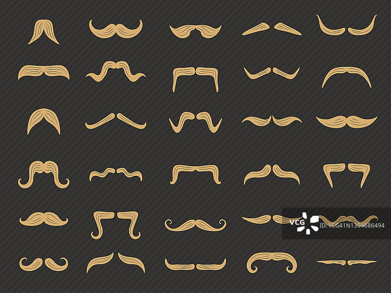 小胡子集合。剃过胡子的绅士设置理发店符号最近向量胡子图标图片素材