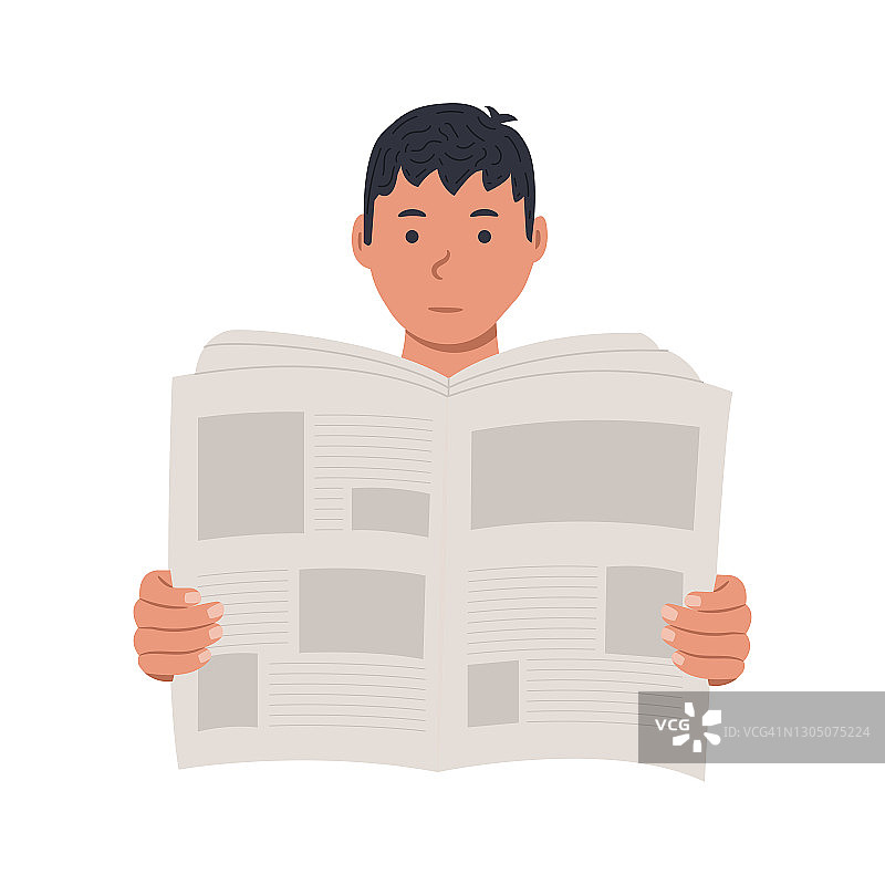 年轻人阅读报纸矢量插图孤立在白色背景。图片素材
