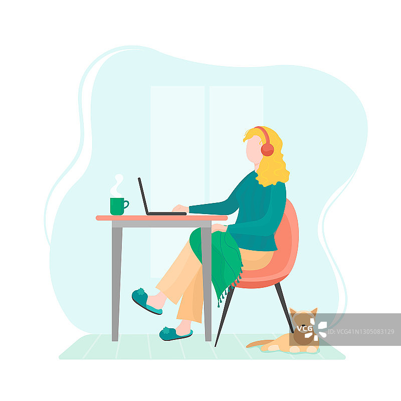 插画女孩坐在家里的笔记本电脑附近，戴着耳机远程工作或学习。图片素材