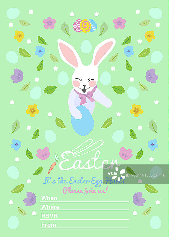 复活节邀请模板鸡蛋，花，花框架，兔子和印刷设计。图片素材
