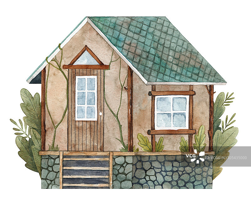 水彩森林小屋插图。瓦屋顶的木屋图片素材