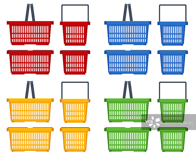 白色背景上的一套塑料购物篮。红，黄，蓝，绿塑料购物篮图片素材