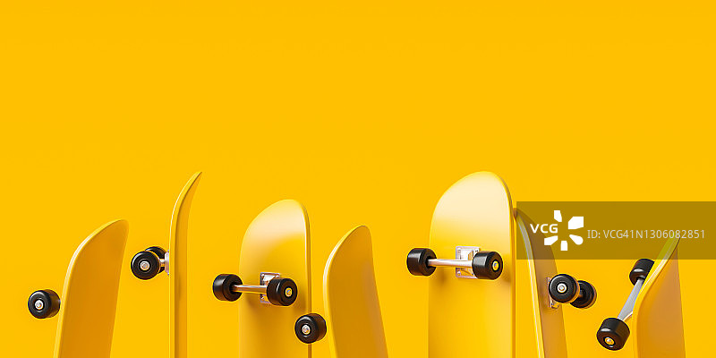 黄色滑板或滑板冲浪板上充满活力的颜色背景与极端的生活方式。3 d渲染。图片素材