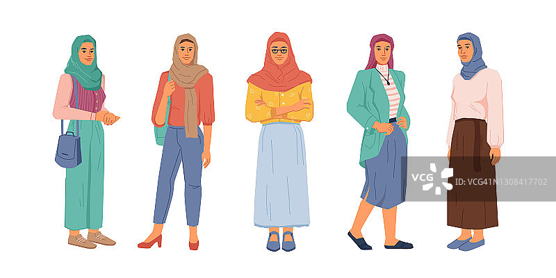穆斯林妇女在时尚的布、头巾或孤立的扁平卡通人物设置。向量时尚女士来自中东，阿联酋或土耳其妇女的民族和休闲布料，阿拉伯酋长国女性图片素材