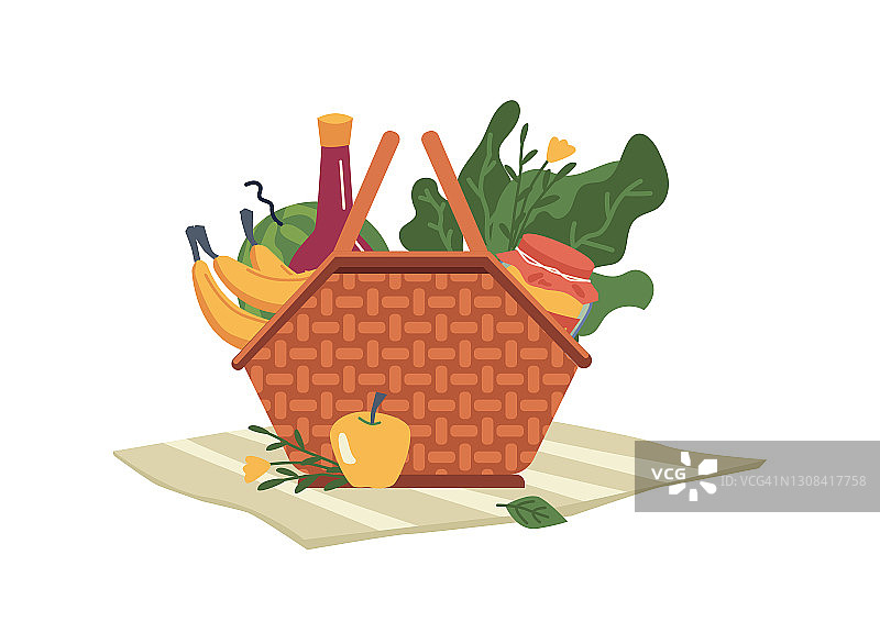 食品和饮料在篮子，酒瓶的酒，零食，孤立的平面卡通图标。载体柳条容器有水果和蔬菜，西瓜和香蕉，果汁和黄花，条纹餐巾图片素材