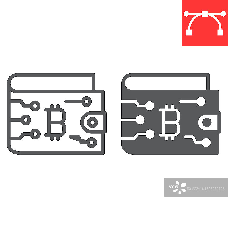 比特币钱包线和字形图标，加密货币和比特币，钱包矢量图标，矢量图形，可编辑的描边轮廓符号，eps 10。图片素材