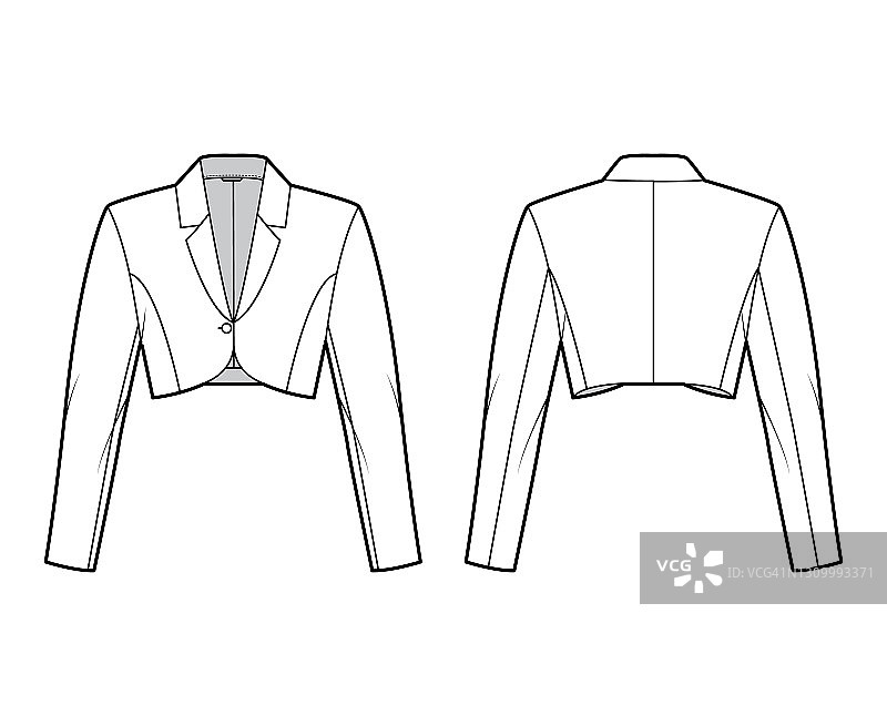 波莱罗夹克技术时尚插图与农作物腰部长度，长袖，缺口领，纽扣关闭。平图片素材
