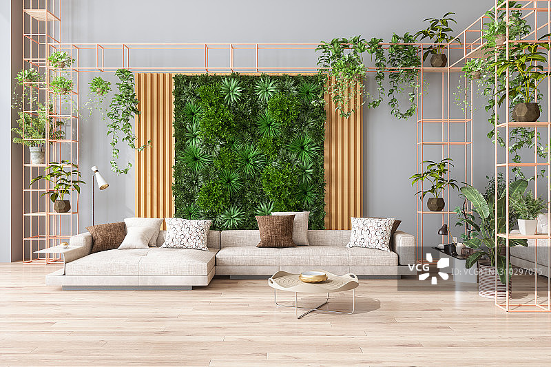 绿色客厅，垂直花园，室内植物，米色沙发和拼花地板图片素材