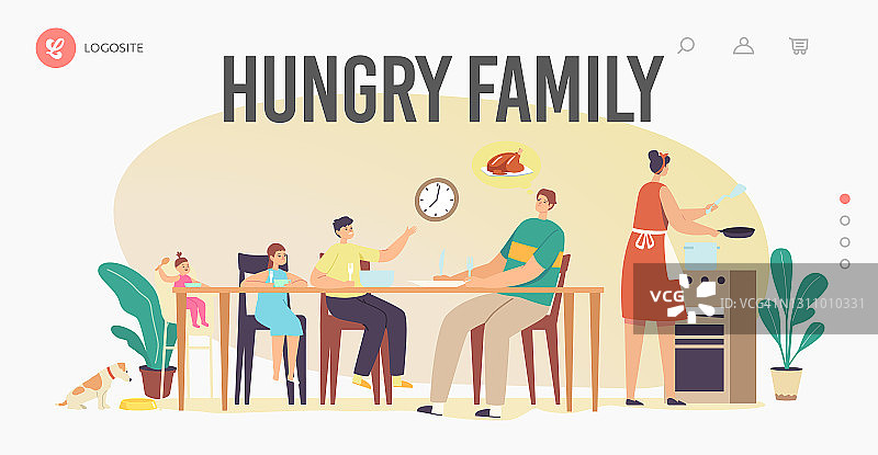 母亲为饥饿的家庭烹饪登陆页面模板。父亲和孩子围坐在餐桌旁等待食物图片素材