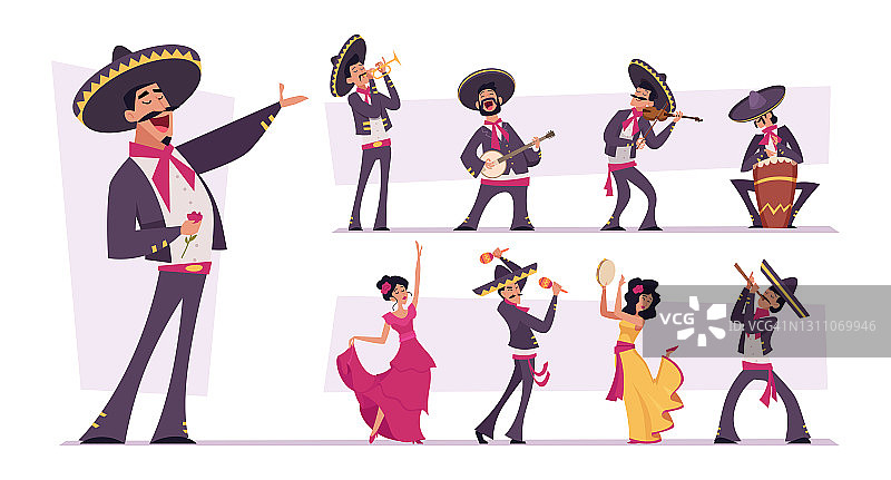 墨西哥人。真实的民族服装墨西哥人物传统快乐的人音乐家在宽边帽精确矢量插图孤立图片素材
