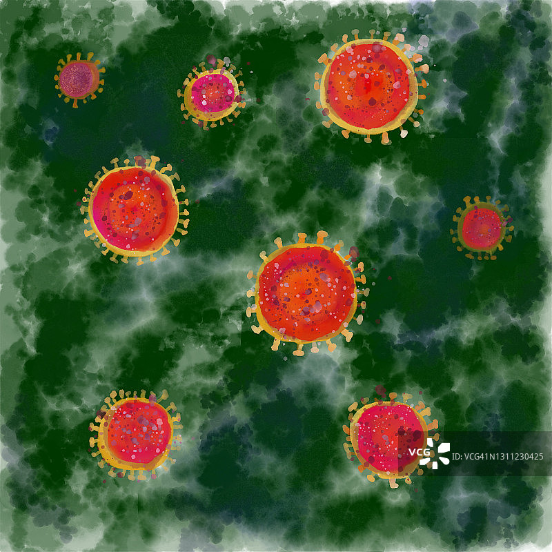 红色冠状病毒与水彩，绿色背景说明图片素材