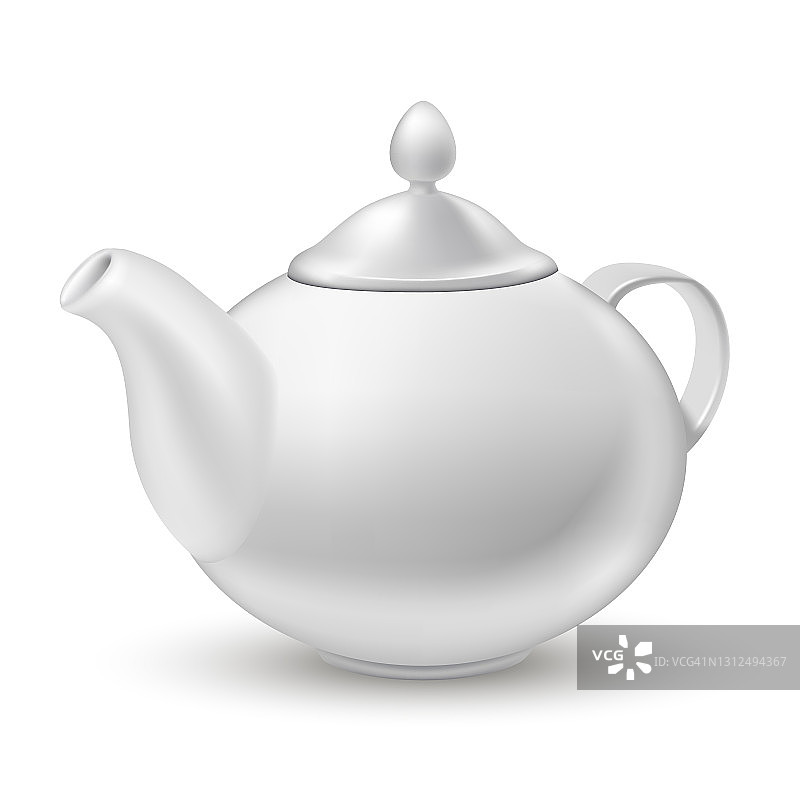 白色空白茶壶茶。带手柄的传统茶点矢量插图陶瓷餐具。健康饮料现代陶器孤立在白色背景与阴影图片素材