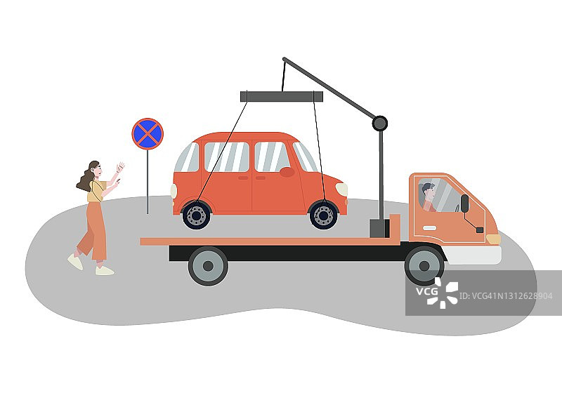 拖车拖走一辆汽车。开车的女人。禁止停车。平面向量插图。图片素材