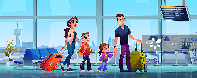旅行的家庭和机场，母亲，父亲和孩子带着行李在机场航站楼。矢量父母和孩子儿子女儿手里拿着行李袋。窗外有飞机和控制塔图片素材