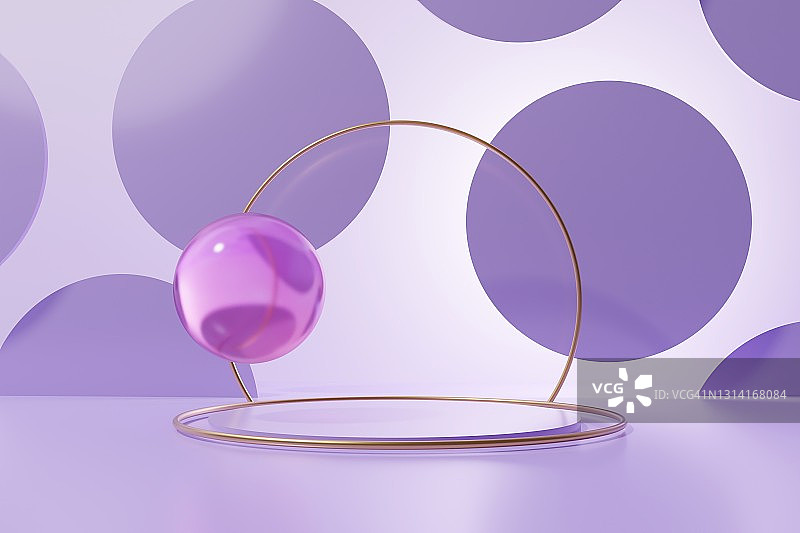 粉红色水晶球在一个圆形的紫色讲台上与金戒指的3d渲染图片素材