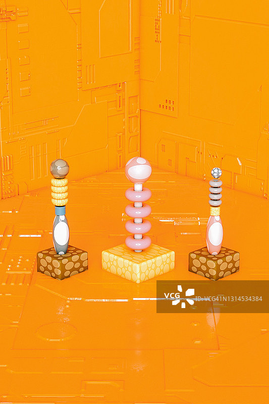 三维渲染抽象棋盘游戏的棋子站在橙色的背景图片素材