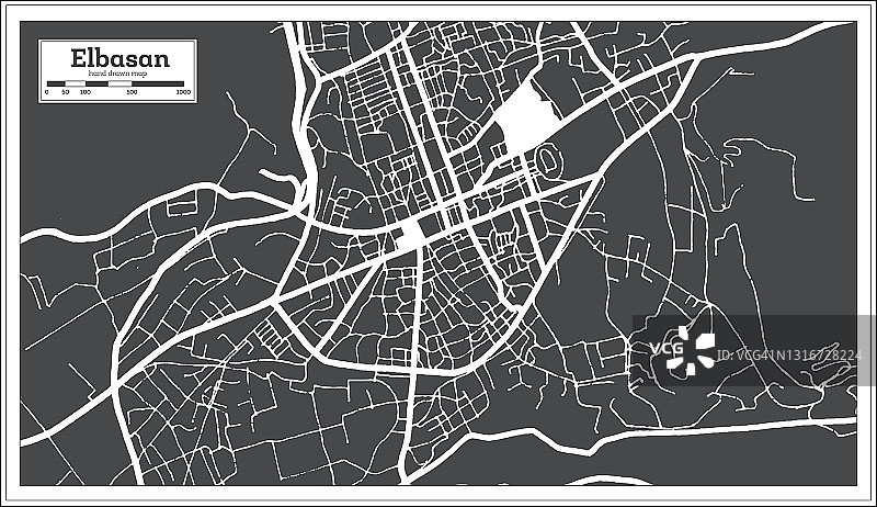 阿尔巴尼亚埃尔巴桑市地图黑白复古风格。略图。图片素材