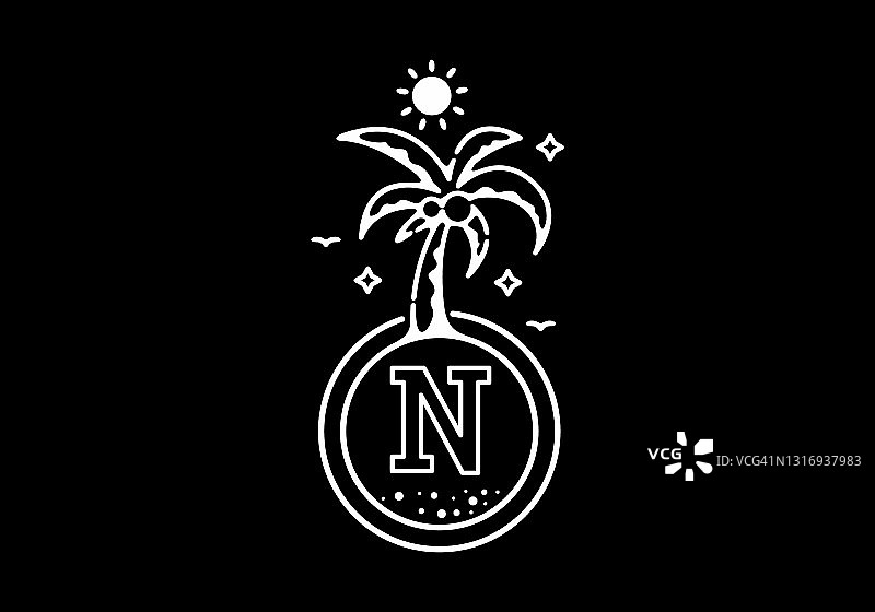 白色黑色线艺术插图的椰子树在海滩上与N首字母设计图片素材