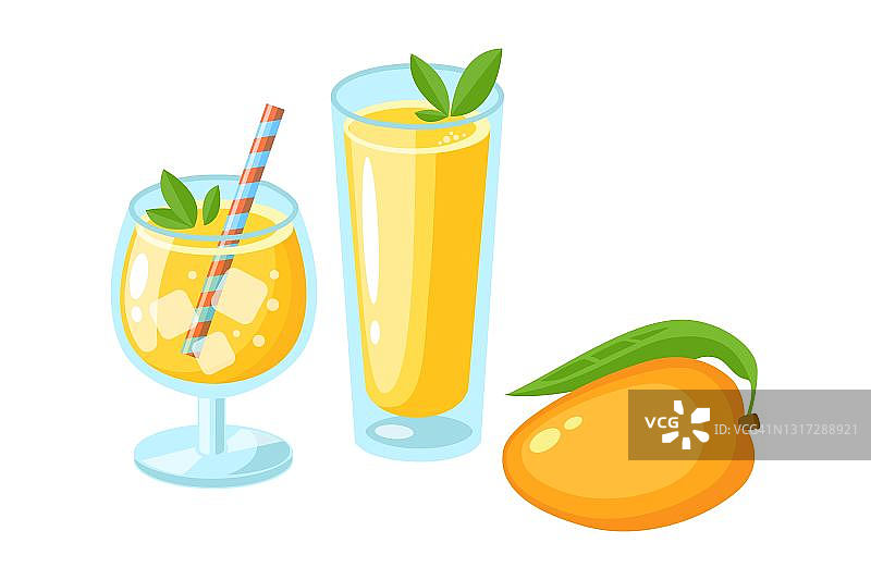 芒果汁，鸡尾酒，切片，整片的叶子和片单独放置在白色。图片素材