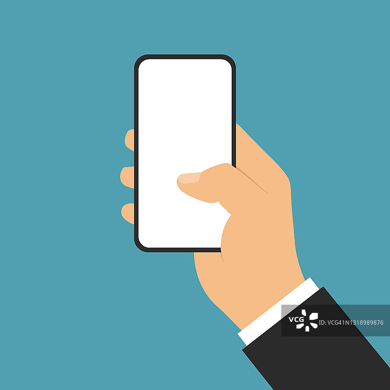 平面设计矢量经理的手持手机与空白白色触摸屏，空间为您的文本或图像。适用于广告或信息图表。图片素材