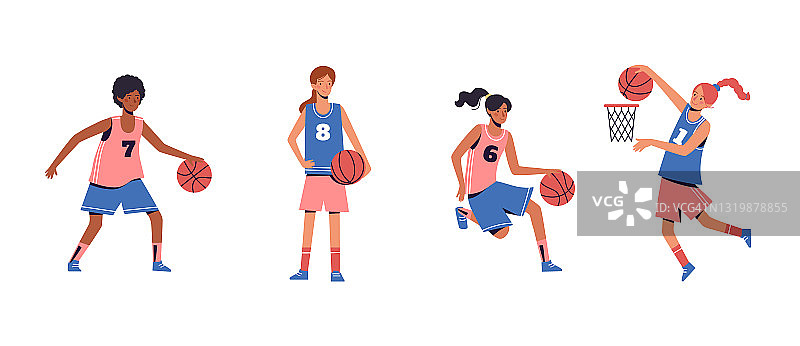 向量集美女谁去运动，打篮球。女孩,白色背景。图片素材