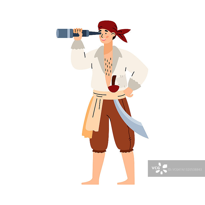 海盗船长穿着海盗服装，带着军刀，通过望远镜看。图片素材