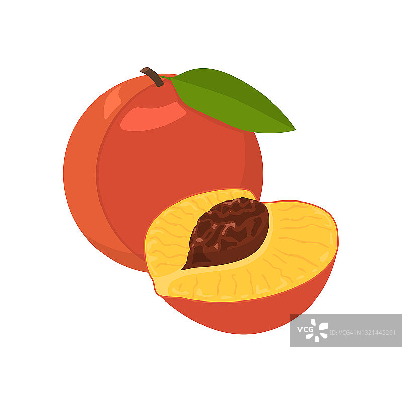 桃子的水果。平坦的矢量图的成熟的整个和半桃子。图片素材