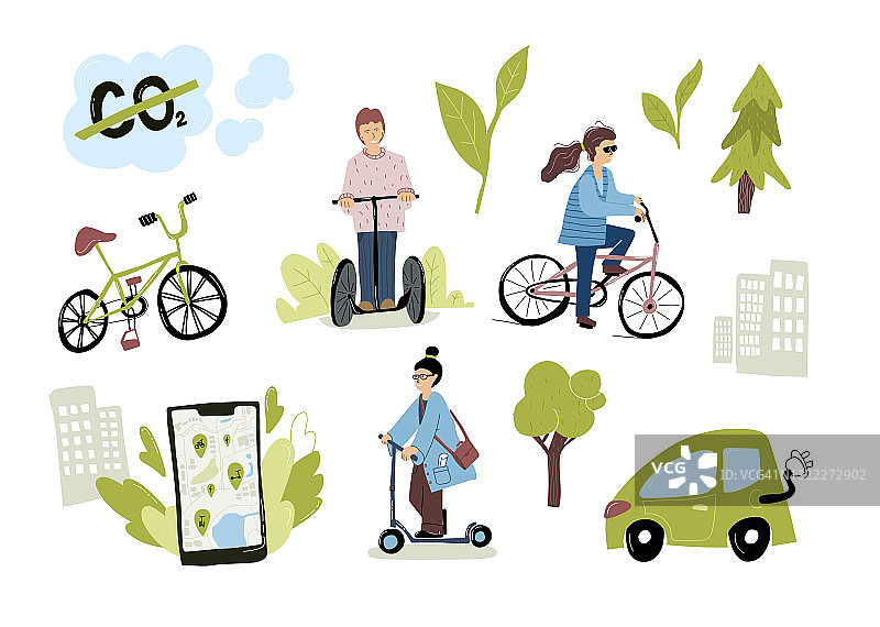 生态城市城市交通集。女人骑电动踏板车，骑自行车，使用手机app租赁服务。人们使用绿色交通。生态学的概念。图片素材