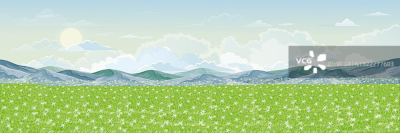 春天的雏菊田和山上有蓬松的云，太阳和蓝天。广阔的全景图在春天的时间与野花在绿色的草地上在山上。向量可爱的卡通夏季背景图片素材