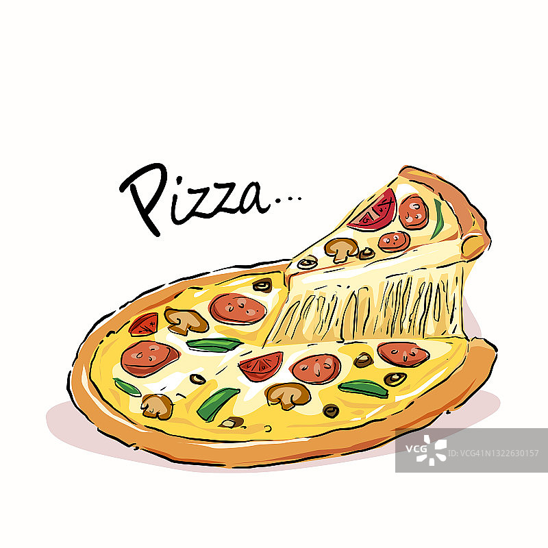 披萨手绘矢量插图上的白色背景。图片素材
