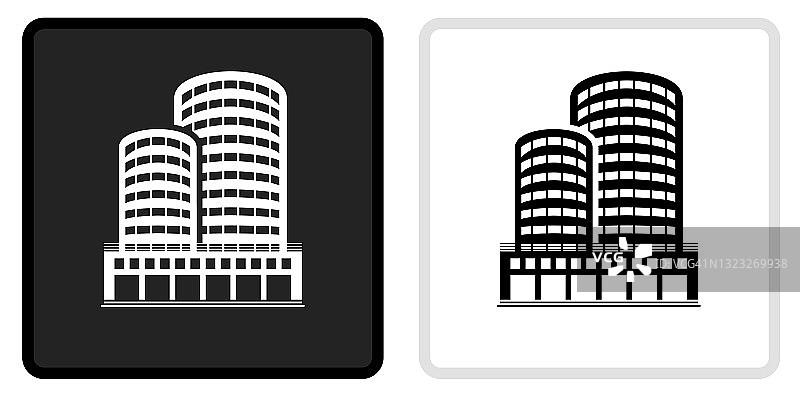 办公室摩天大楼图标上的黑色按钮与白色翻转图片素材
