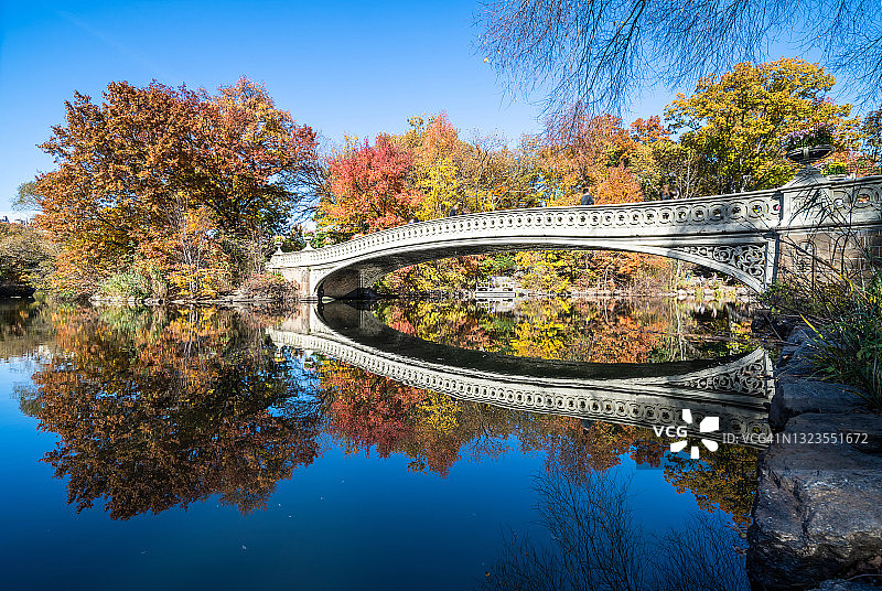 纽约中央公园的秋叶和弓形桥图片素材