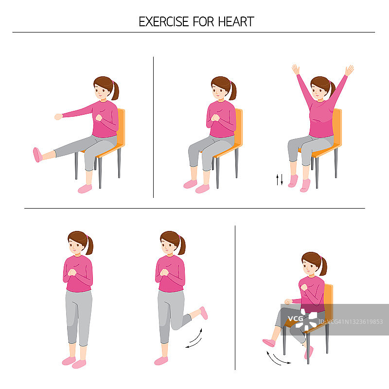一套年轻女子站立和移动身体为健康，运动为健康的心脏图片素材
