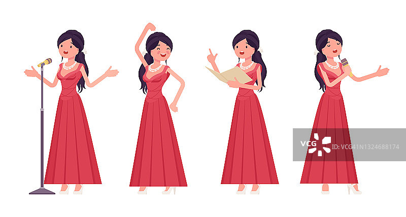 乐师，身着优雅的红色晚礼服的女子唱歌、跳舞图片素材