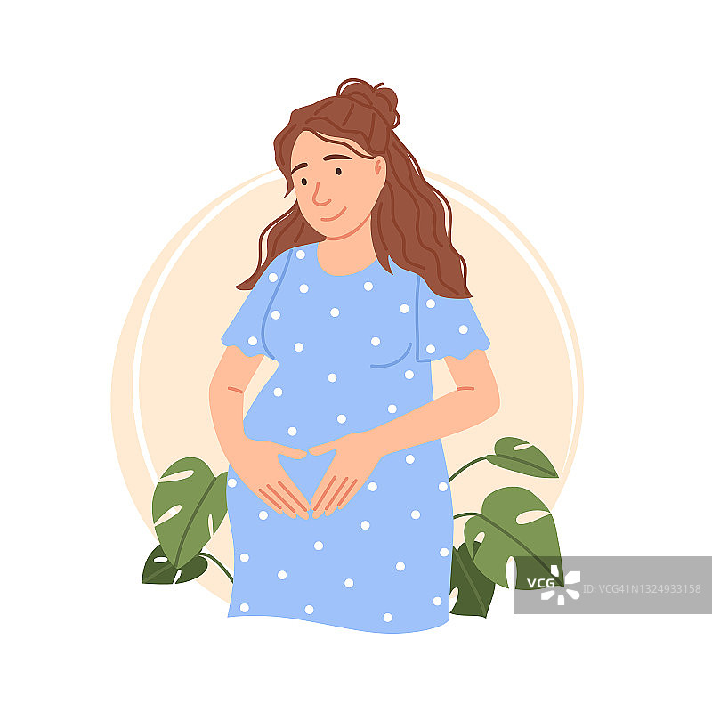 平孕妇孤立画像。白人漂亮的期待女士触摸腹部。年轻的母亲微笑着等待孩子出生。怀孕生育的概念。卡通母性矢量插图图片素材
