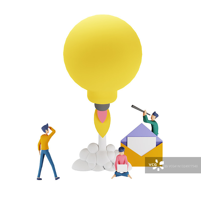 团队商业头脑风暴的3D渲染图与大黄色灯泡的概念，小人的性格。创新的解决方案。模板为网页登陆页，横幅，演示图片素材
