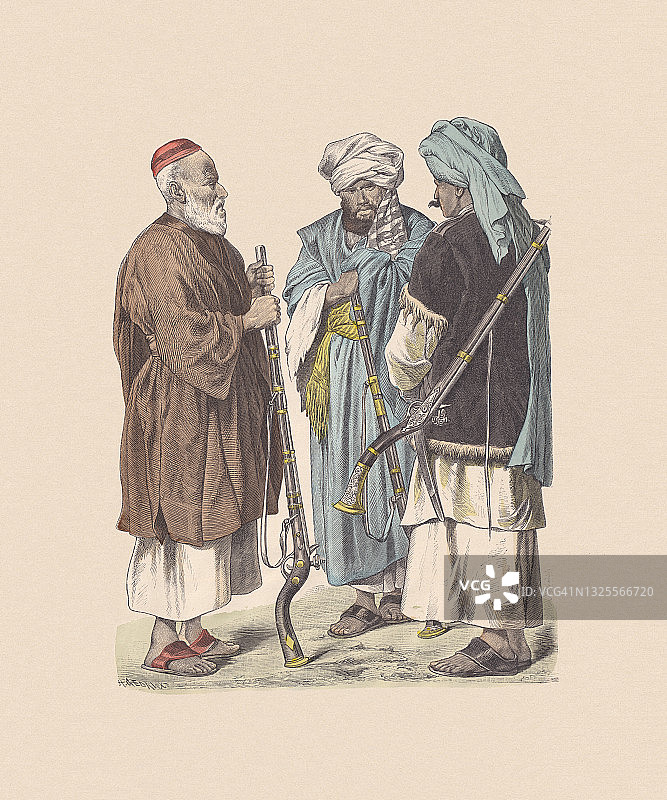19世纪中亚服饰，手工着色木刻，1880年出版图片素材