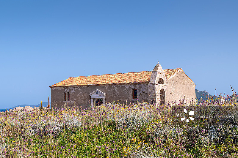 希腊东正教教堂和地中海植物图片素材