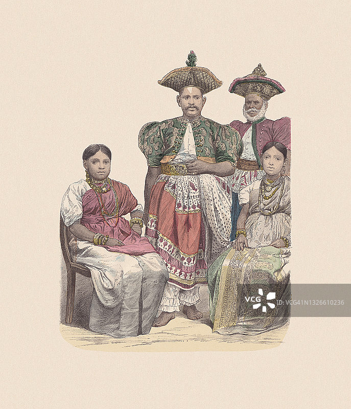 19世纪，亚洲服饰，手工着色木刻，大约1880年出版图片素材