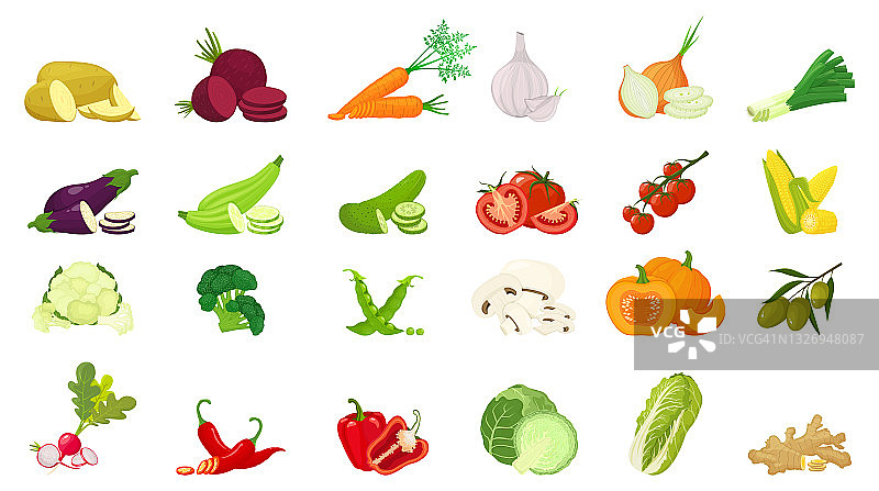 矢量蔬菜图标设置在卡通平面风格。为餐厅菜单、市场标签收集农产品。图片素材