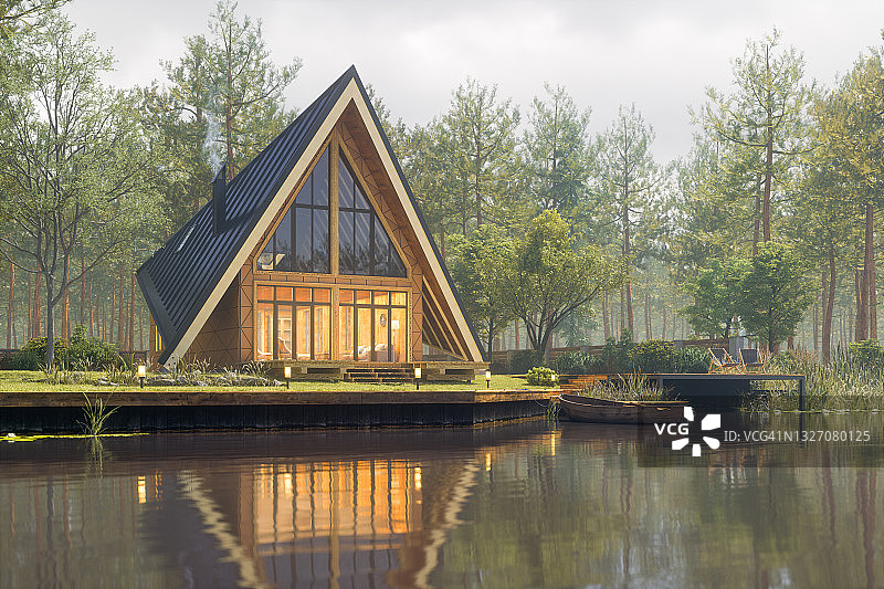 三角形现代湖房子在秋天图片素材