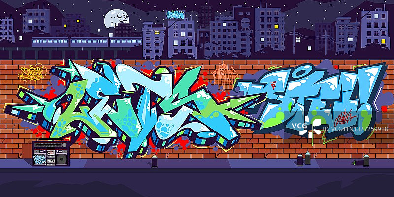 户外城市涂鸦墙与图纸在夜晚的城市景观矢量插图艺术的背景图片素材