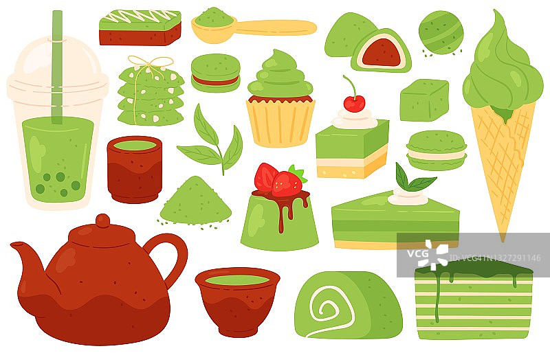 抹茶和糖果。日本绿茶抹茶产品、粉、叶、茶壶、杯、奶茶。健康糕点和甜点向量集图片素材
