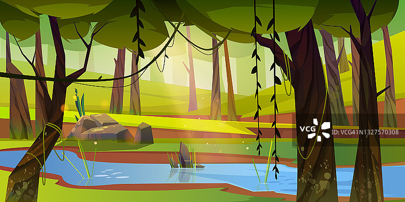 卡通森林背景以溪流、木流为主图片素材