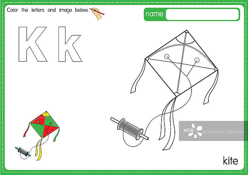 矢量插图的儿童字母着色书页与概述剪贴画，以颜色。字母K代表风筝。图片素材