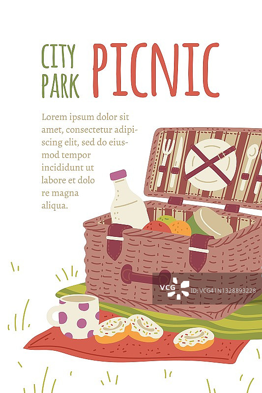 城市公园野餐派对邀请横幅或海报，平面矢量插图。图片素材