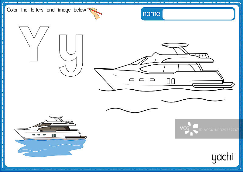 矢量插图的儿童字母着色书页与概述剪贴画，以颜色。字母Y代表游艇。图片素材