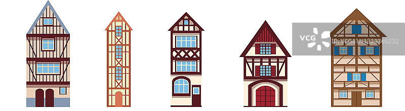 收集旧的德国和法国房屋插图在一个扁平的卡通风格图片素材